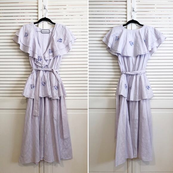 Innika Choo Lavender Pi Furlunche Wrap Ruffled Embroidered Linen Midi Dress - Picture 10 of 16